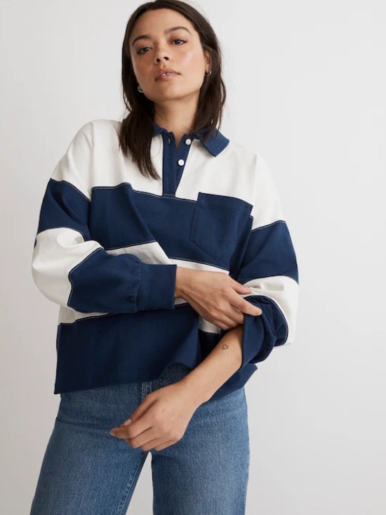 Madewell Tops - Madewell Striped Rugby Pullover - Navy & White